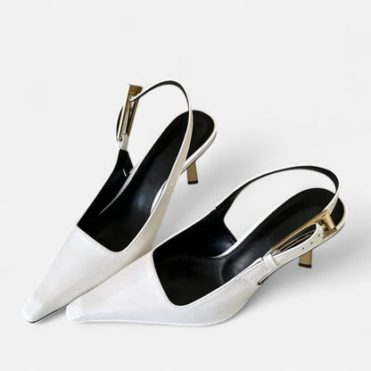 Women's Pointed Toe Sandals with Metallic Buckle - Graphic Look, Confident Elegance