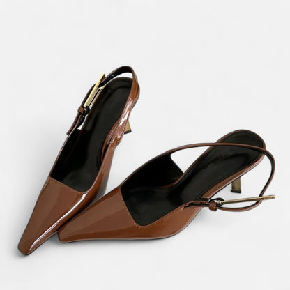 Women's Pointed Toe Sandals with Metallic Buckle - Graphic Look, Confident Elegance