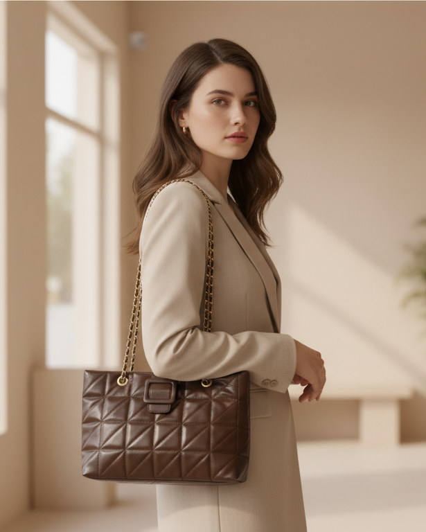 Woman holding a brown handbag in a modern, well-lit room.